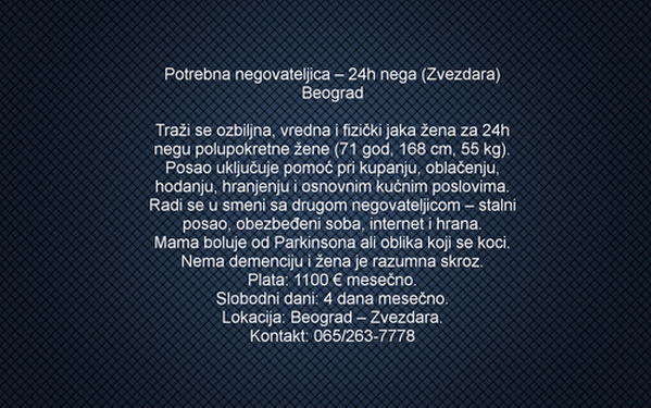 Potrebna negovateljica – 24h nega (Zvezdara) Beograd