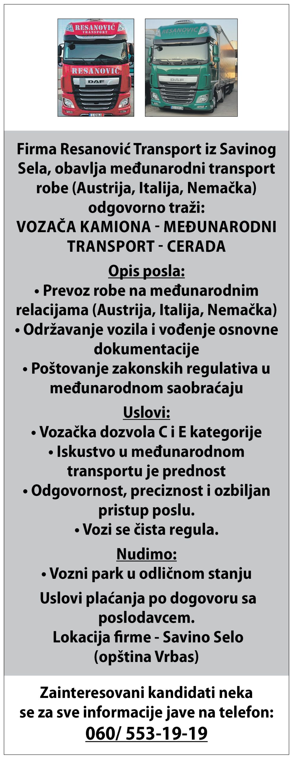 Resanović transport traži vozače