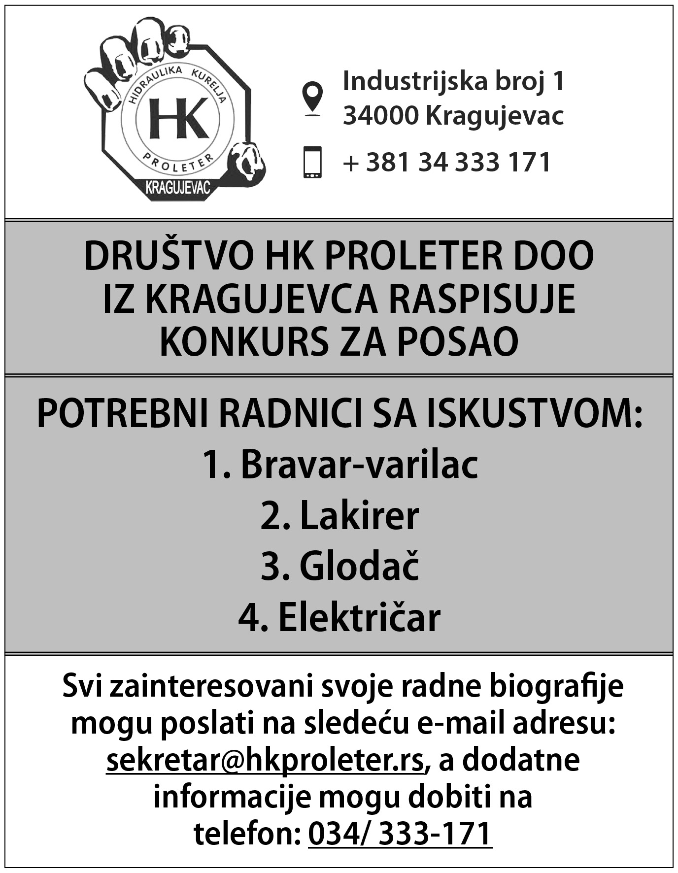 HK Proleter trži radnike
